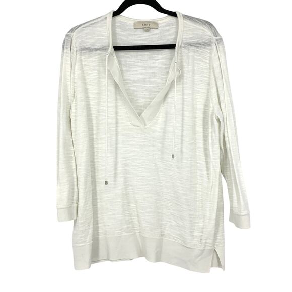 LOFT 3/4 Sleeve Split Tie Neck Slub Knit Sweater Womens Sz XL White - Picture 1 of 6
